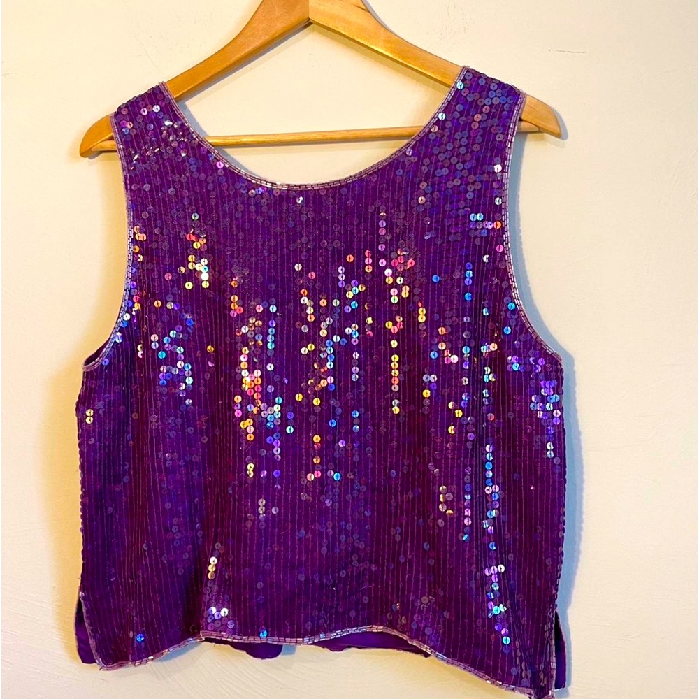 100% Silk & Sequins Women’s Tank Glamorous Purple hand beaded Retro size Large